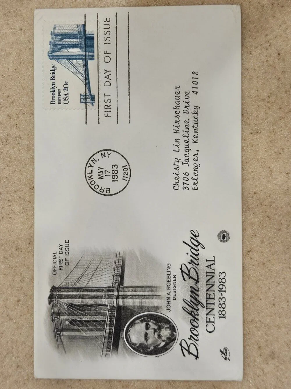 COLLECTIBLE USPS 1ST DAY ISSUE COVER BROOKYLN BRIDGE ROEBLING STAMP ENVELOPE FDC